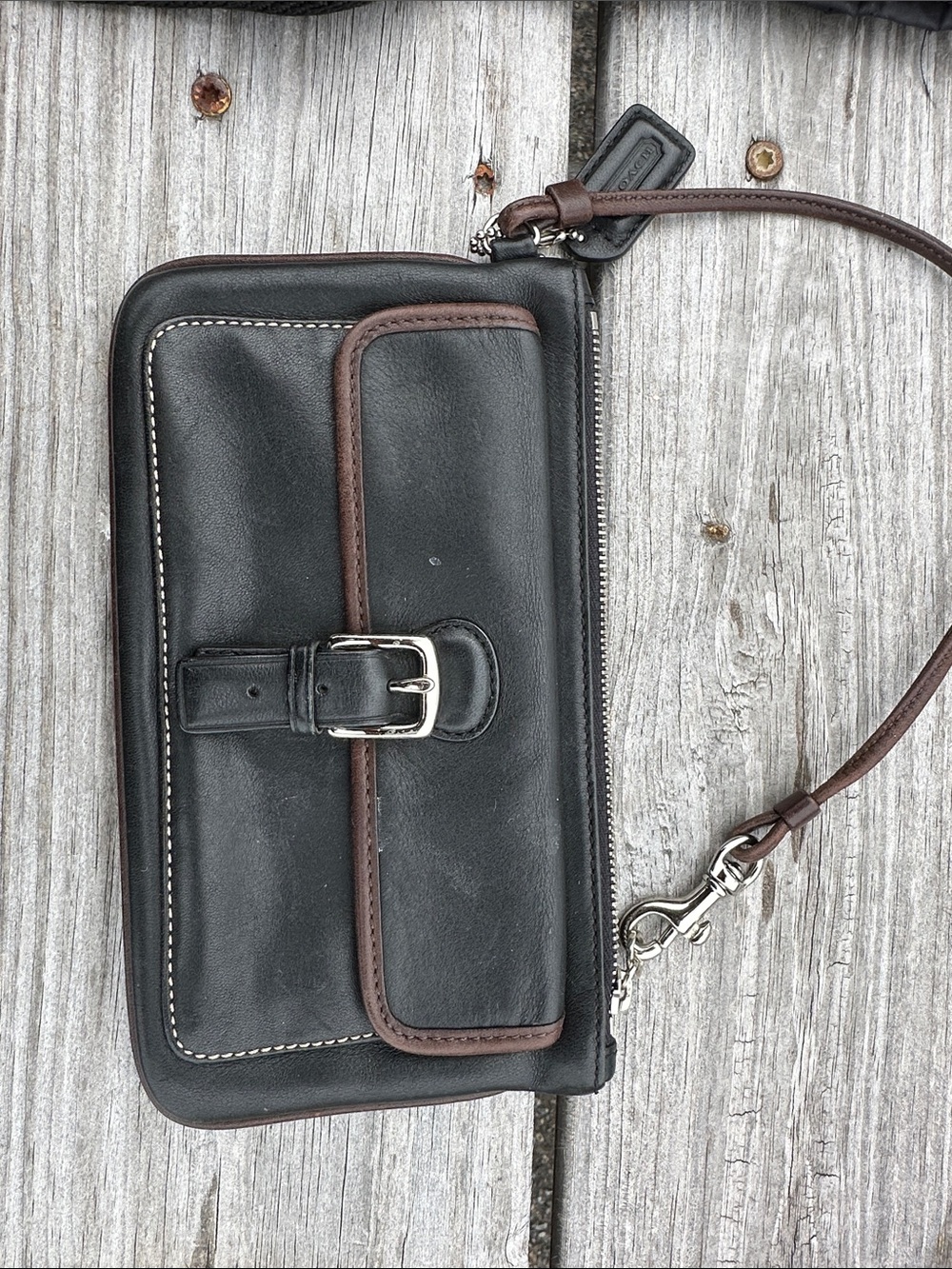 Vintage Coach SoHo Black Leather Wristlet with Brown Trim and Silver Hardware